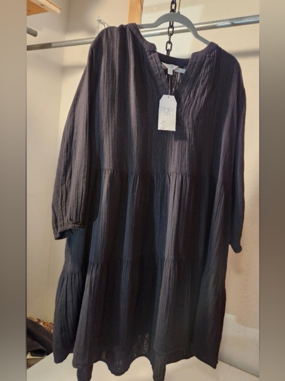 NWT Time and Tru Black Babydoll Gauze Midi Dress Women’s XL Long Sleeve